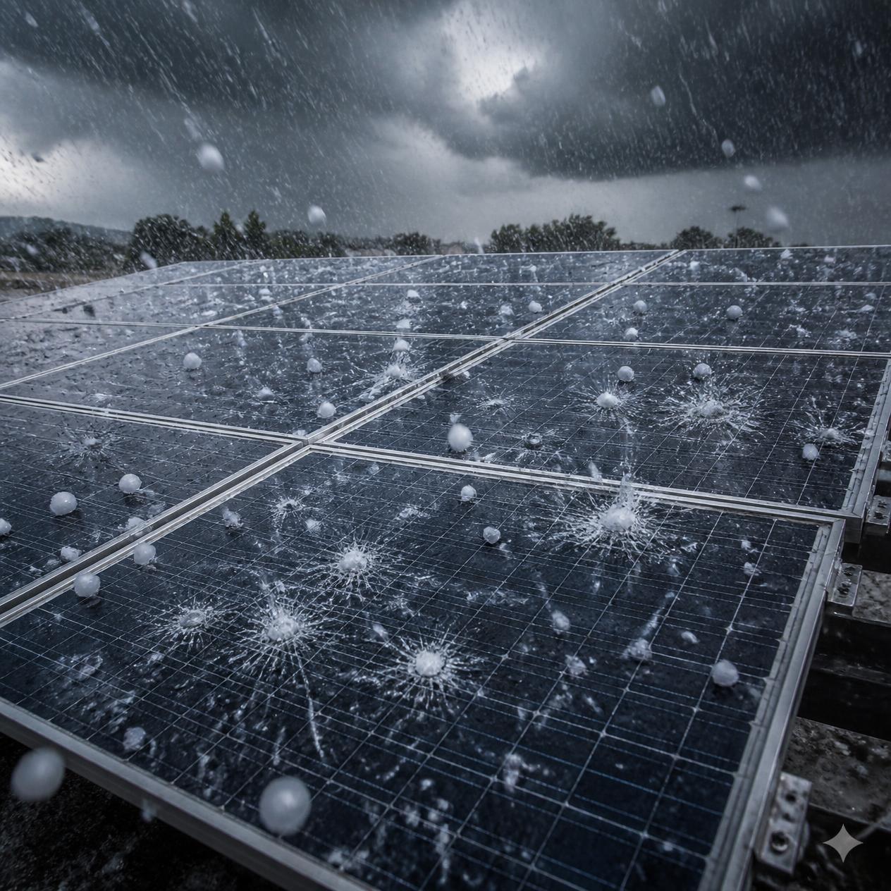 panello fotovoltaico montato a terra e sottoposto ad una violenta tempesta di grandine